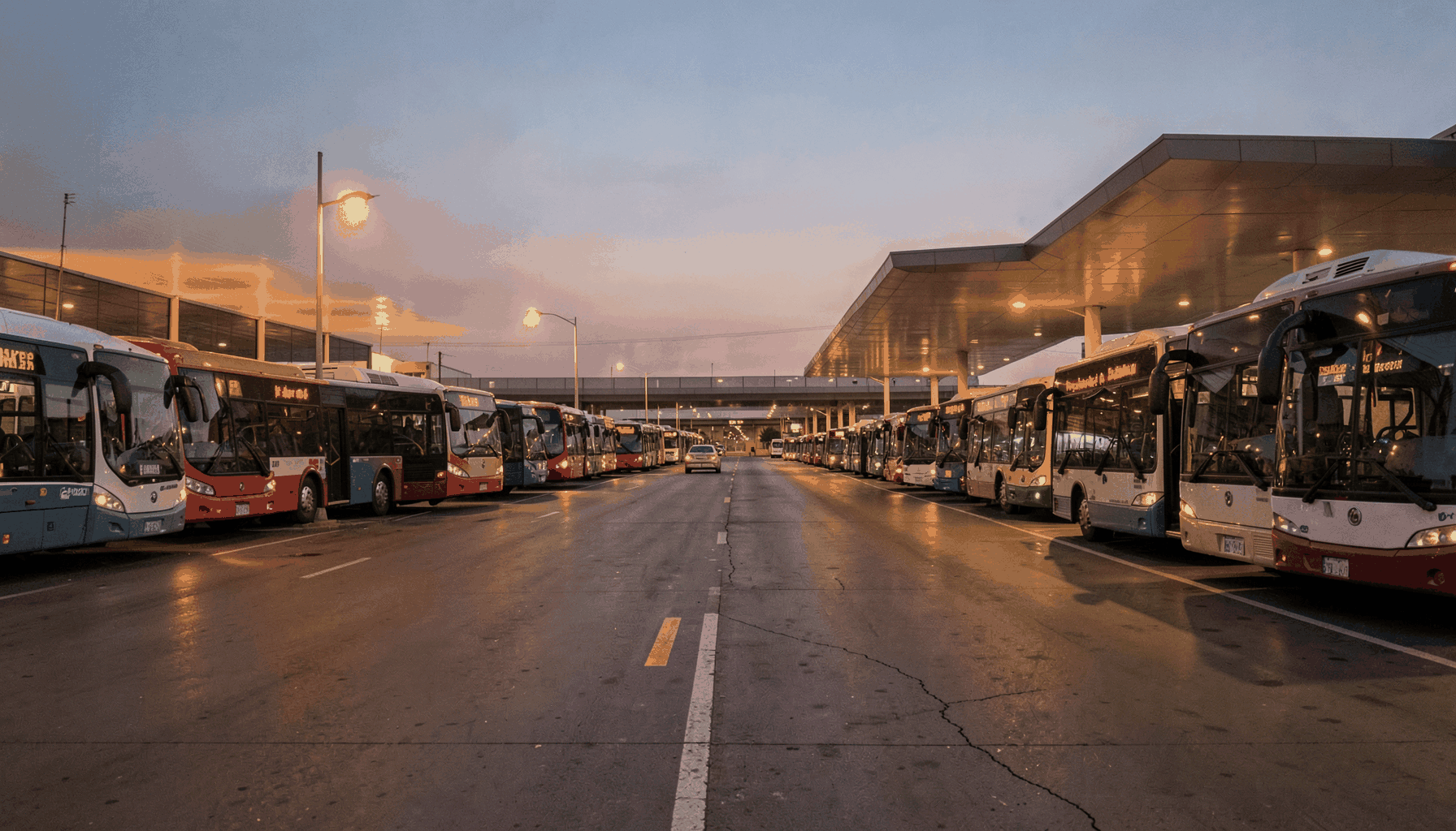 Rows of parked buses at a terminal with warm amber lighting, representing travel
